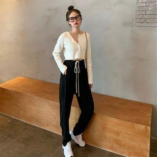 Long-sleeve Plain Cropped Cardigan / Drawstring Pants