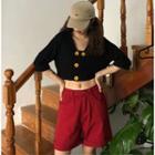 Button Elbow-sleeve Cropped Top / Plain Shorts