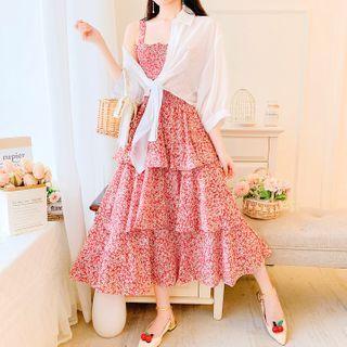 Sleeveless Floral Printed A-line Layered Dress