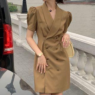 Puff-sleeve Double-breasted Mini Collared Dress