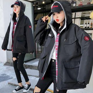 Lettering Hooded Padded Fleece-lined Zip Jacket
