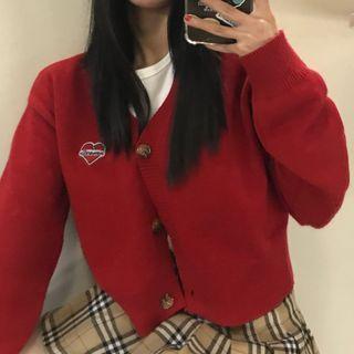 Heart Embroidered Crop Cardigan Cardigan - Red - One Size