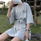 3/4-sleeve Letter Long T-shirt Gray - One Size