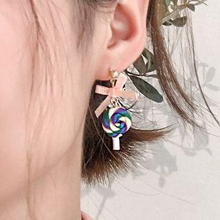 Resin Lollipop & Bow Dangle Earring Pink Bow - Lollipop - Multicolor - One Size