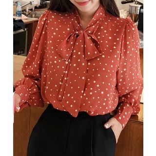 Tie-neck Polka-dot Blouse Orange - One Size