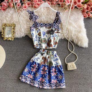 Set: Retro Print Tank Top + Mini Skirt As Shown In Figure - One Size