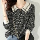 Long-sleeve Square Neck Contrast Panel Floral Loose Fit Top