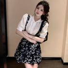 Lace Trim Collar Puff Sleeve Shirt / Floral Printed Overall Mini Dress