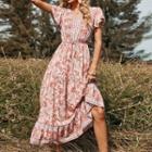 Floral Ruffle-sleeve V-neck A-line Midi Dress