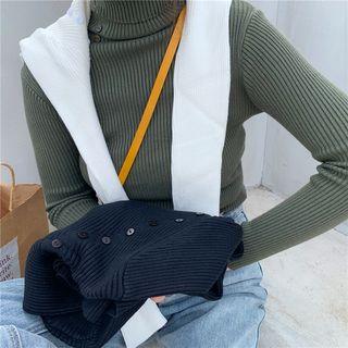 Button-detail Turtleneck Ribbed Knit Top