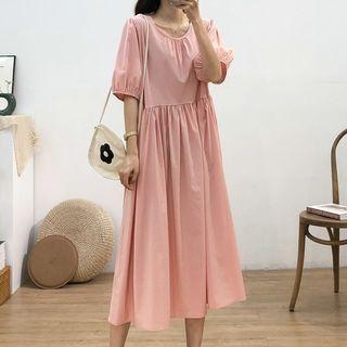 Balloon-sleeve Plain A-line Midi Dress