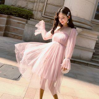 Long-sleeve Sequined A-line Mesh Dress