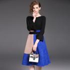 Set: Bell-sleeve Knit Top + Panel Midi Skirt