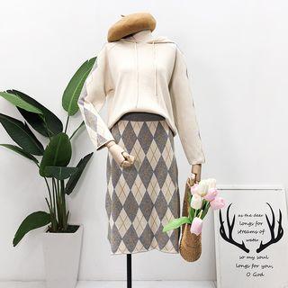 Set: Argyle Hooded Pullover + Knit A-line Skirt Almond - One Size