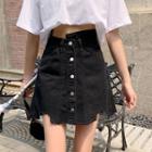 Button-up Distressed Denim Mini A-line Skirt
