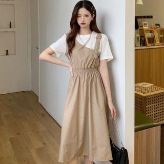 Mock Two-piece Short-sleeve Buckled Midi A-line Dress