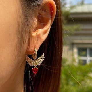 Rhinestone Wing Heart Hoop Earrings Gold - One Size