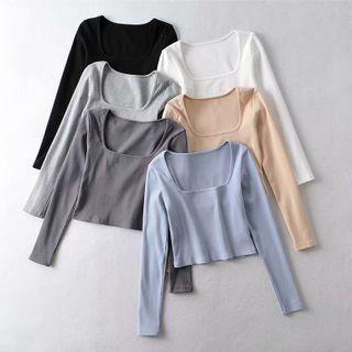 Long Sleeve Square-neck Plain Crop Top