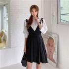 Set: Puff-sleeve Top + Flared Pinafore Dress Black - One Size