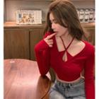 Long-sleeve V-neck Plain Slim-fit Halter Cropped Top