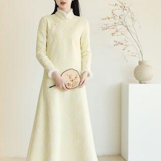 Mandarin Collar Fluffy Trim Maxi A-line Dress