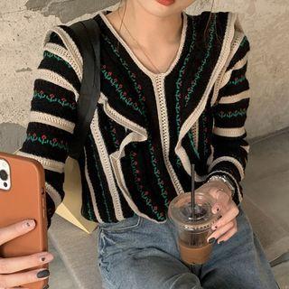 Ruffle Trim Long-sleeve Knit Top As Shown In Figure - One Size