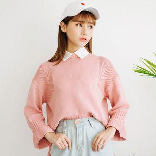 3/4-sleeve Crop Sweater Pink - One Size