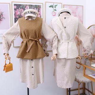 Set: Ruffled-trim Shirtdress + Fleece Vest With Belt
