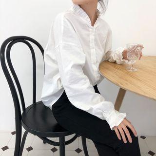 Long Sleeve Ruffle Trim Shirt White - One Size