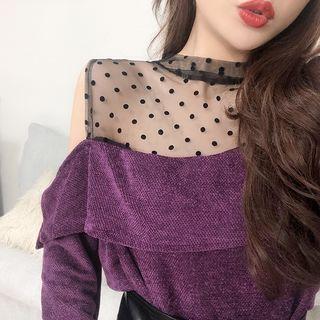 Dotted Mesh Panel Cold-shoulder Blouse