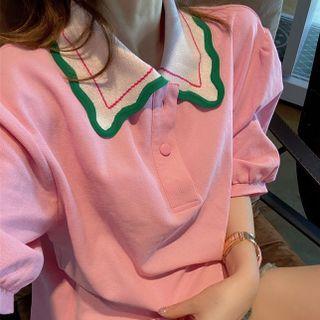 Puff-sleeve Color Block Polo Shirt