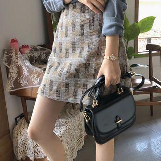 Geometric Pattern Tweed Mini Skirt Beige - One Size