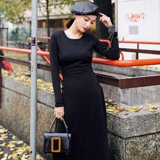 Long-sleeve Lace-up Side Midi A-line Dress