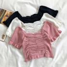Plain Square-neck Ruffled-trim Short-sleeve Knit Top