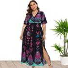 Plus-size Short-sleeve Patterned A-line Dress