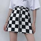 Check Zip-front Mini A-line Skirt