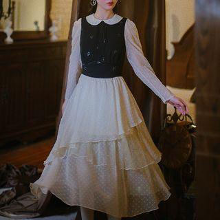Long-sleeve Tiered Embroidered Midi A-line Chiffon Dress