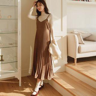 Pleated Faux-suede Maxi Overall Dress