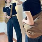 Embroidered Panel Polo-collar Top / Straight-leg Jeans