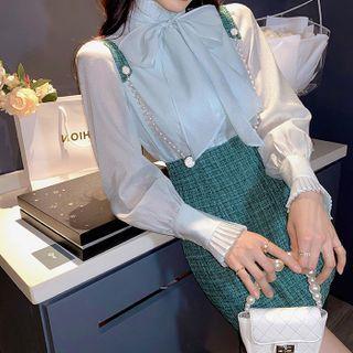 Set: Lantern-sleeve Ribbon Mesh Blouse + Mini A-line Skirt