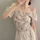Puff-sleeve Floral Print Cropped Blouse Pink Floral - Almond - One Size