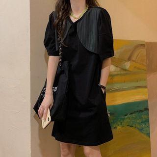 Mock Two-piece Short-sleeve Pinstripe Panel Dress Black - One Size