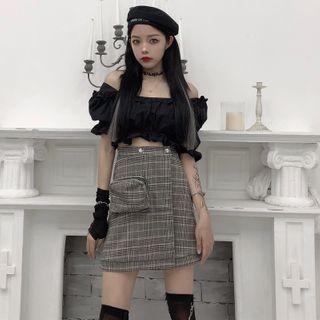 Front Pocket Plaid Mini Skirt / Frilled Off-shoulder Cropped Top