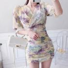 Balloon-sleeve Floral Print Shirred Mini Chiffon Dress