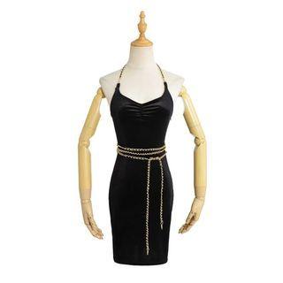 Halter-neck Velvet Bodycon Dress / Chain Belt