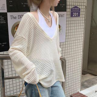 V-neck Plain Knit Top White - One Size