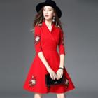 Elbow-sleeve V-neck Embroidered A-line Dress