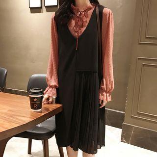 Set: Dotted Chiffon Blouse + Accordion Pleat Jumper Dress