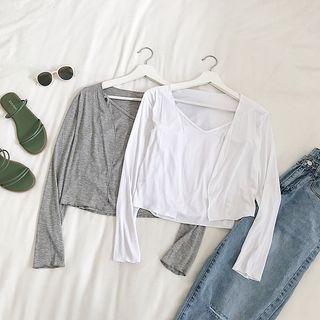 Set Of 2: Plain Long-sleeve Lightweight Crop Top + Plain Camisole Top
