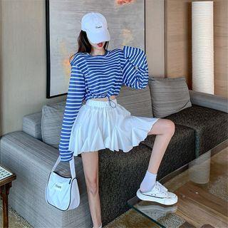 Long-sleeve Striped Drawstring T-shirt / Pleated Skort